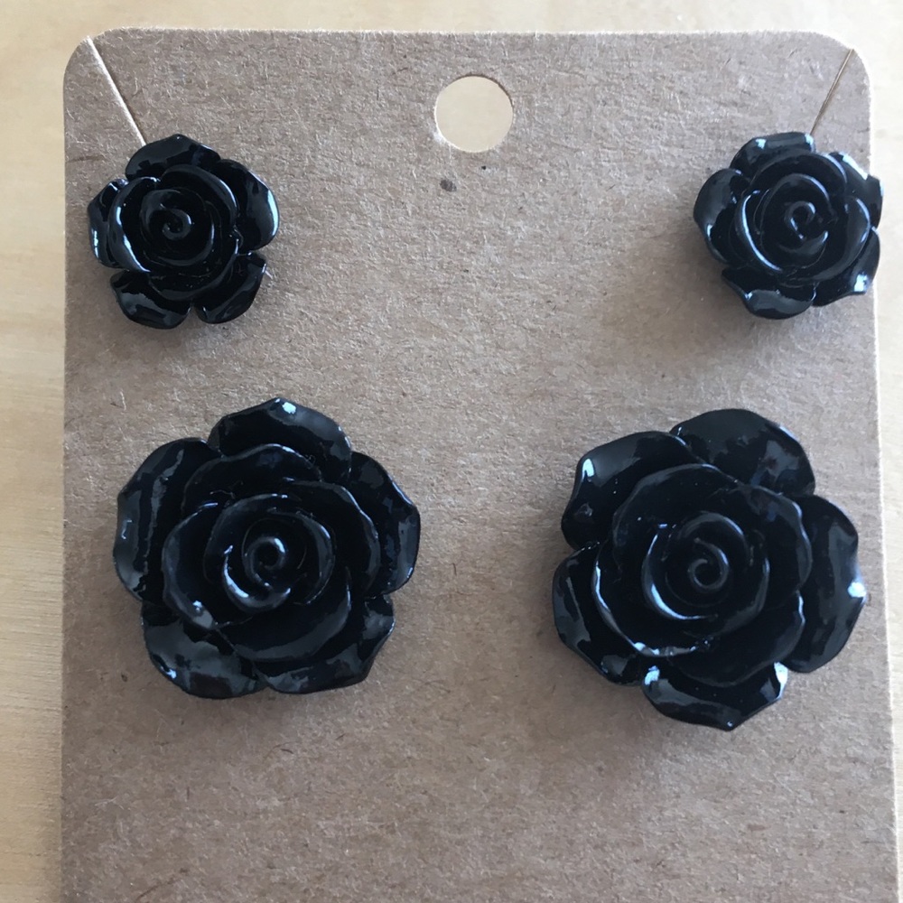 Small & Large Resin Rose Black Earrings